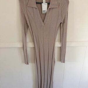 H&M Taupe Collared Ribbed Knit Dress